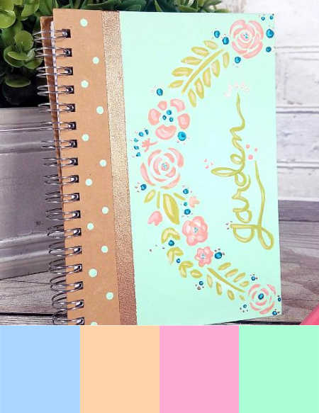 A pastel color palette with a picture of a garden journal